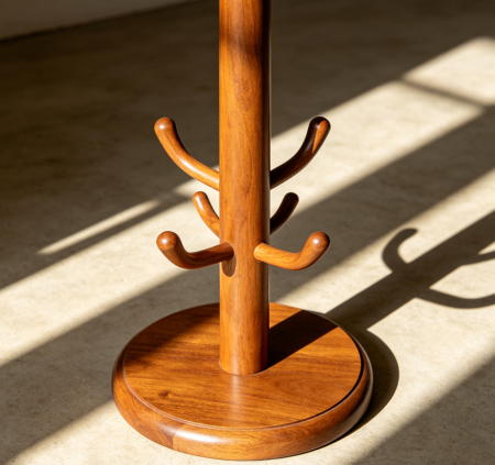 Five-Hook Solid Wood Coat Rack with Round Base
