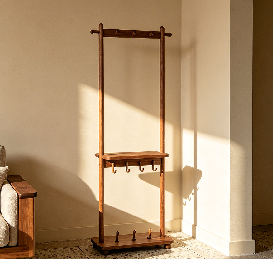 Multi-Function Coat Rack with Hanging Rod, Shelf, and Four Hooks