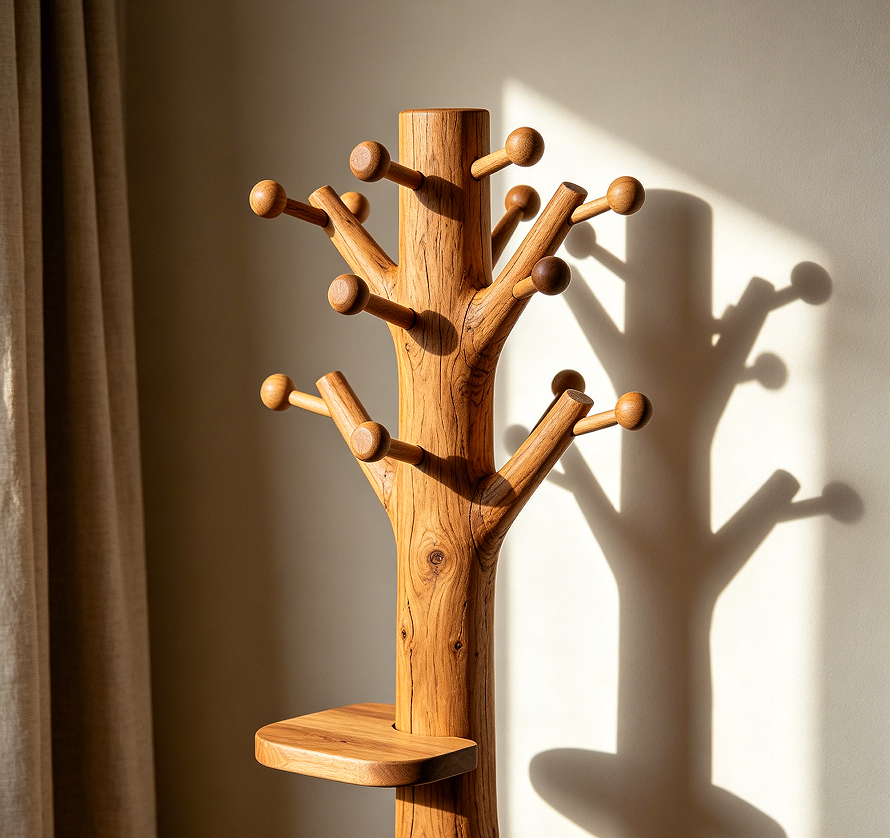 Tree-Shaped Coat Rack with 12 Wooden Pegs and Small Shelf